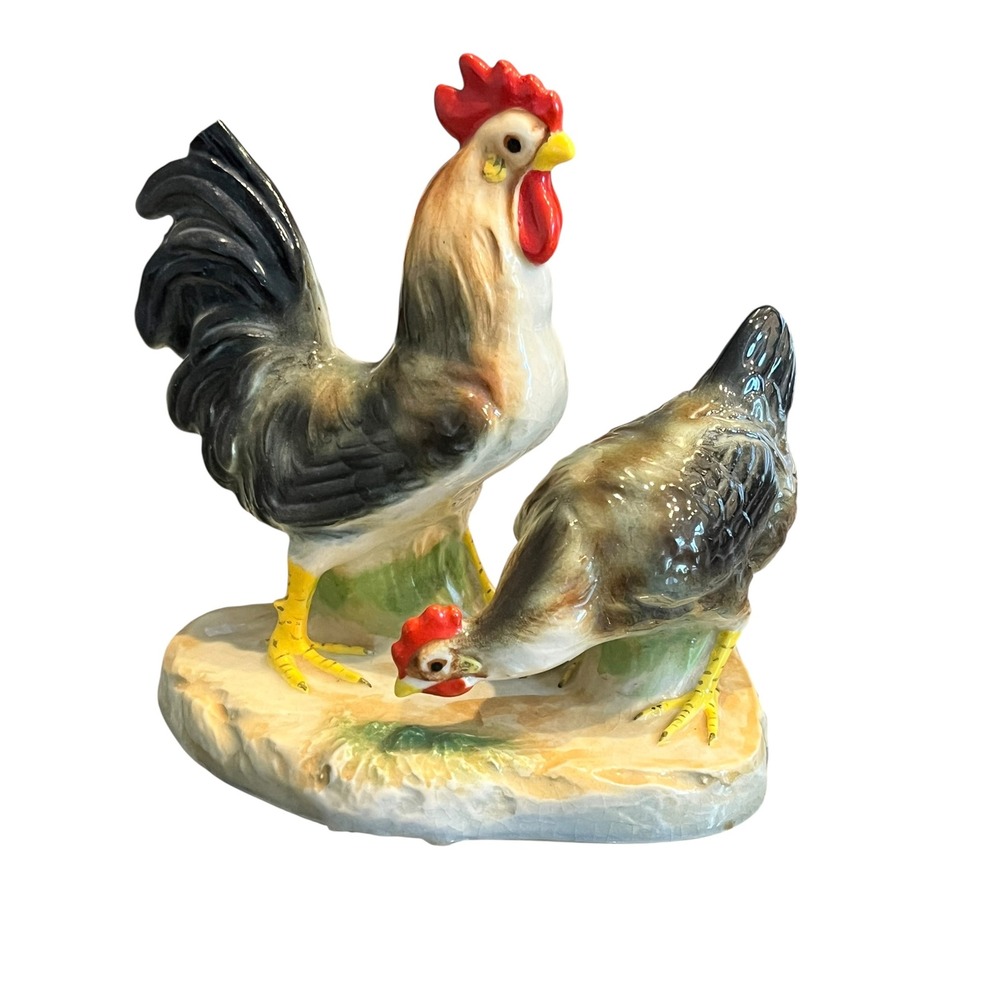 Vintage Marutomo Ware Rooster and Hen Ceramic Figurine Hand Painted Japan